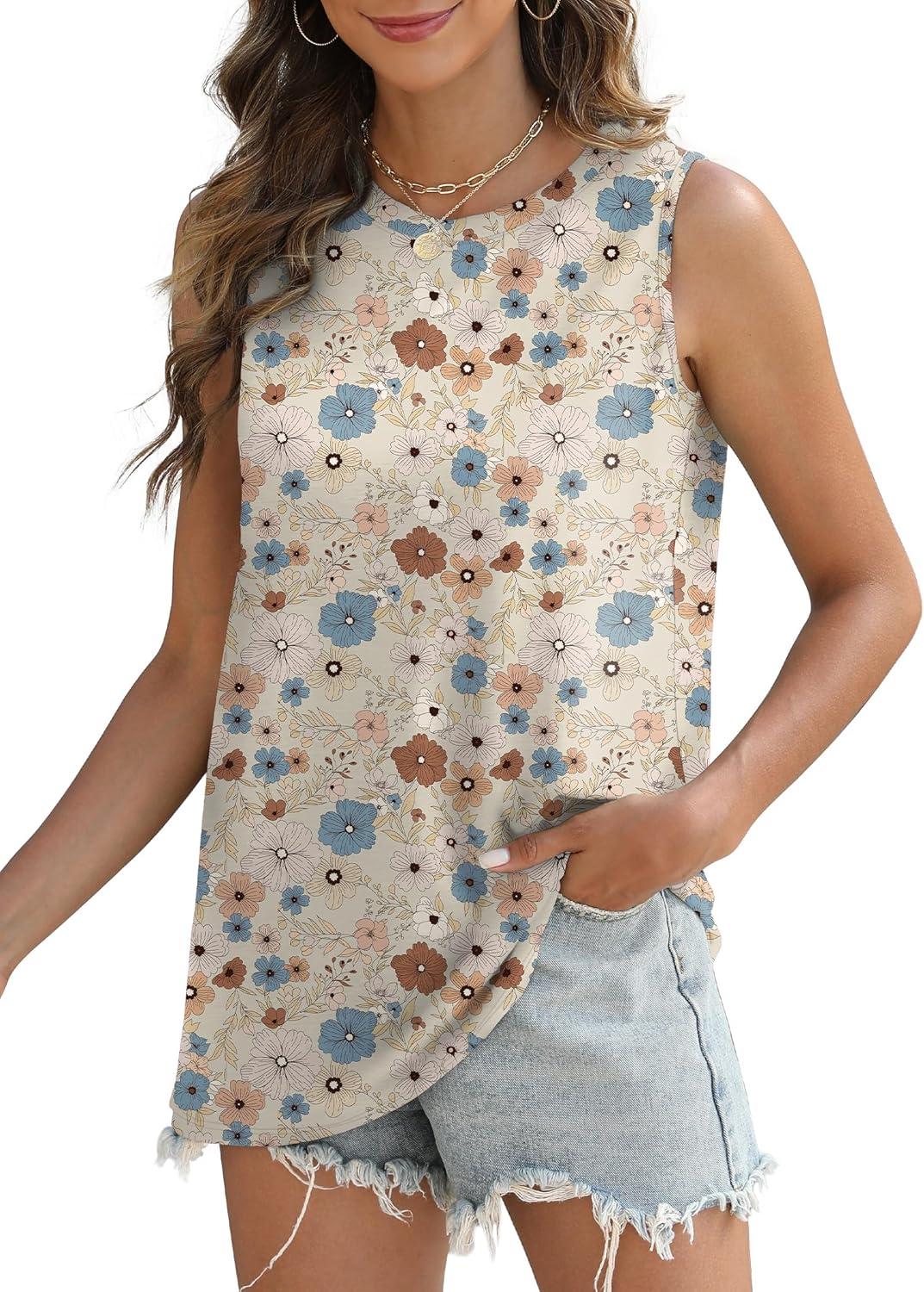 imageSAMPEEL Womens Tank Tops Eyelet Loose Casual Summer Tops Crew Neck Basic Sleeveless Shirts Trendy 2025Printblue Flower