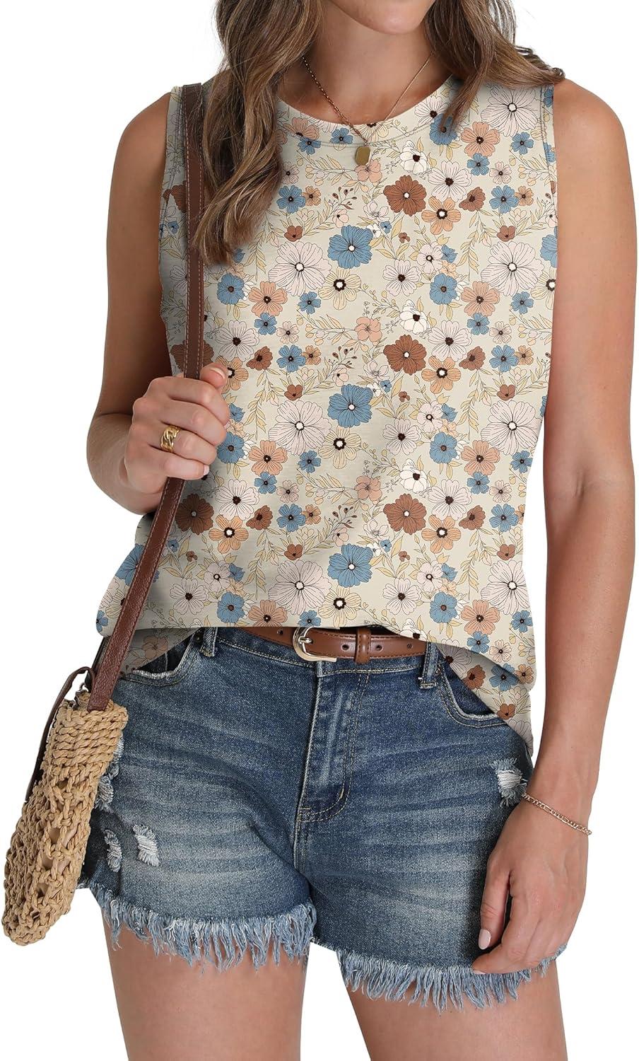 imageSAMPEEL Womens Tank Tops Eyelet Loose Casual Summer Tops Crew Neck Basic Sleeveless Shirts Trendy 2025Printblue Flower