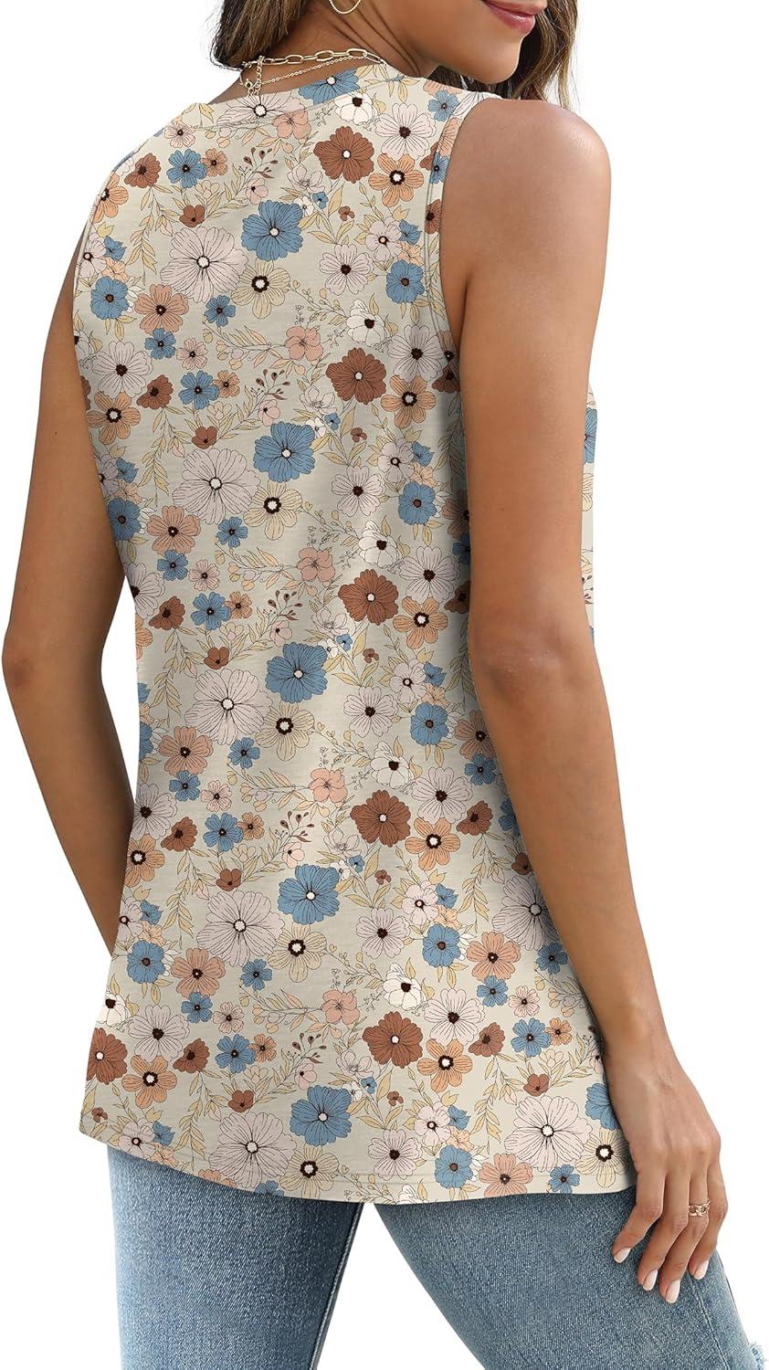 imageSAMPEEL Womens Tank Tops Eyelet Loose Casual Summer Tops Crew Neck Basic Sleeveless Shirts Trendy 2025Printblue Flower
