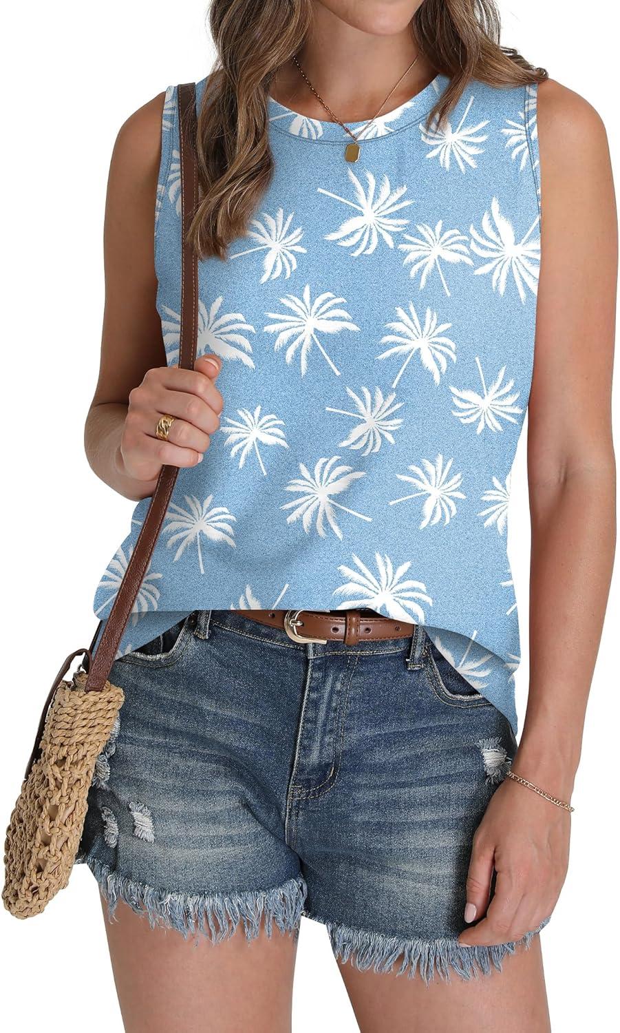 imageSAMPEEL Womens Tank Tops Eyelet Loose Casual Summer Tops Crew Neck Basic Sleeveless Shirts Trendy 2025Printblue Palm