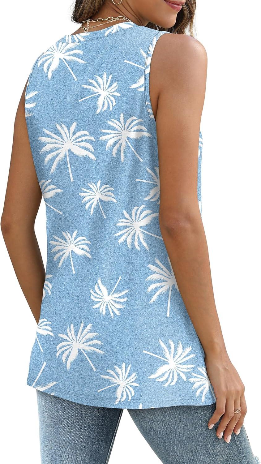 imageSAMPEEL Womens Tank Tops Eyelet Loose Casual Summer Tops Crew Neck Basic Sleeveless Shirts Trendy 2025Printblue Palm