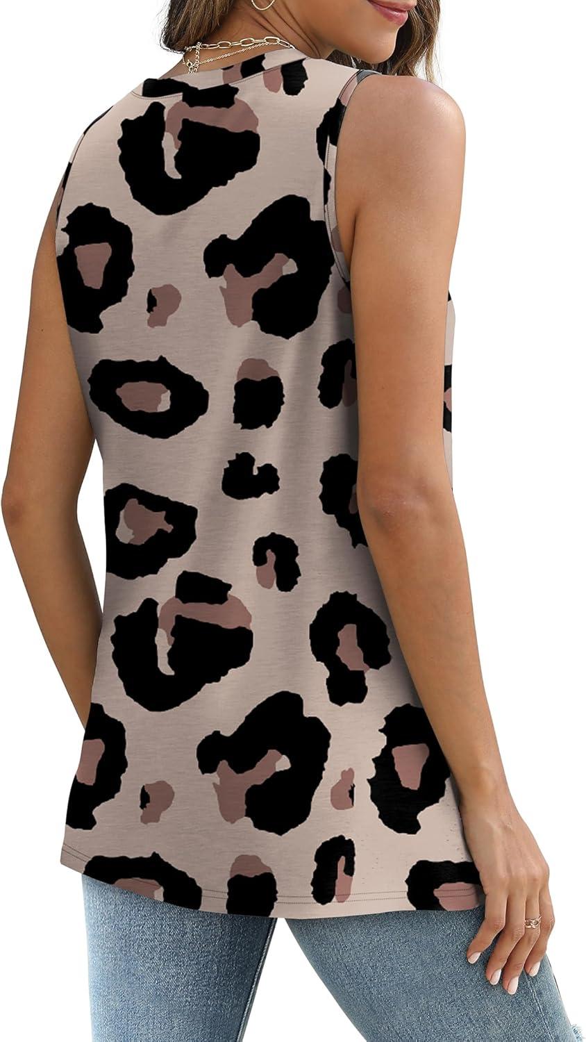 imageSAMPEEL Womens Tank Tops Eyelet Loose Casual Summer Tops Crew Neck Basic Sleeveless Shirts Trendy 2025Printleopard Beige