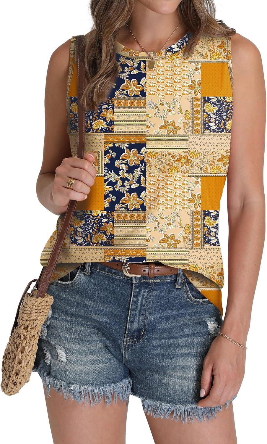 imageSAMPEEL Womens Tank Tops Eyelet Loose Casual Summer Tops Crew Neck Basic Sleeveless Shirts Trendy 2025Printmulti Brown