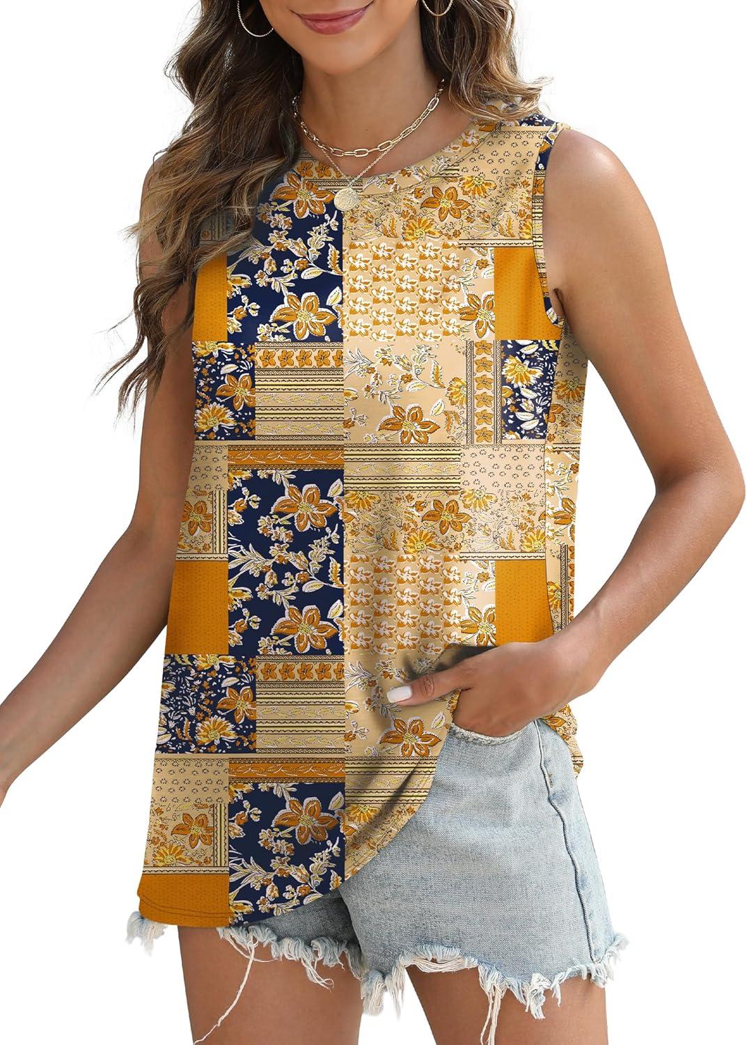 imageSAMPEEL Womens Tank Tops Eyelet Loose Casual Summer Tops Crew Neck Basic Sleeveless Shirts Trendy 2025Printmulti Brown