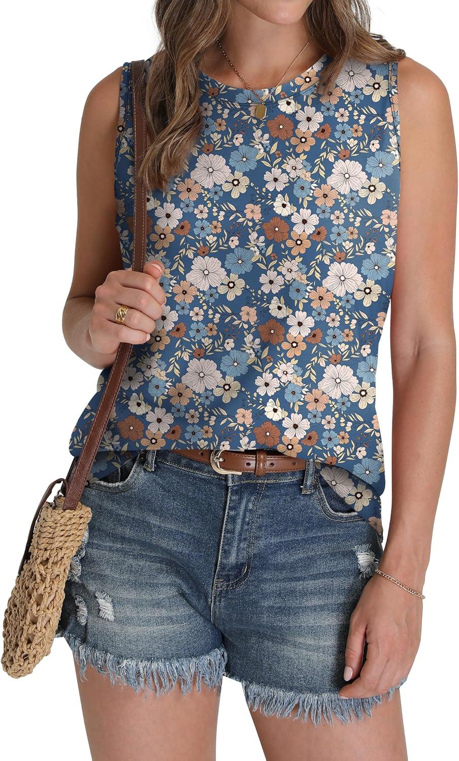 imageSAMPEEL Womens Tank Tops Eyelet Loose Casual Summer Tops Crew Neck Basic Sleeveless Shirts Trendy 2025Printnavy Faloral
