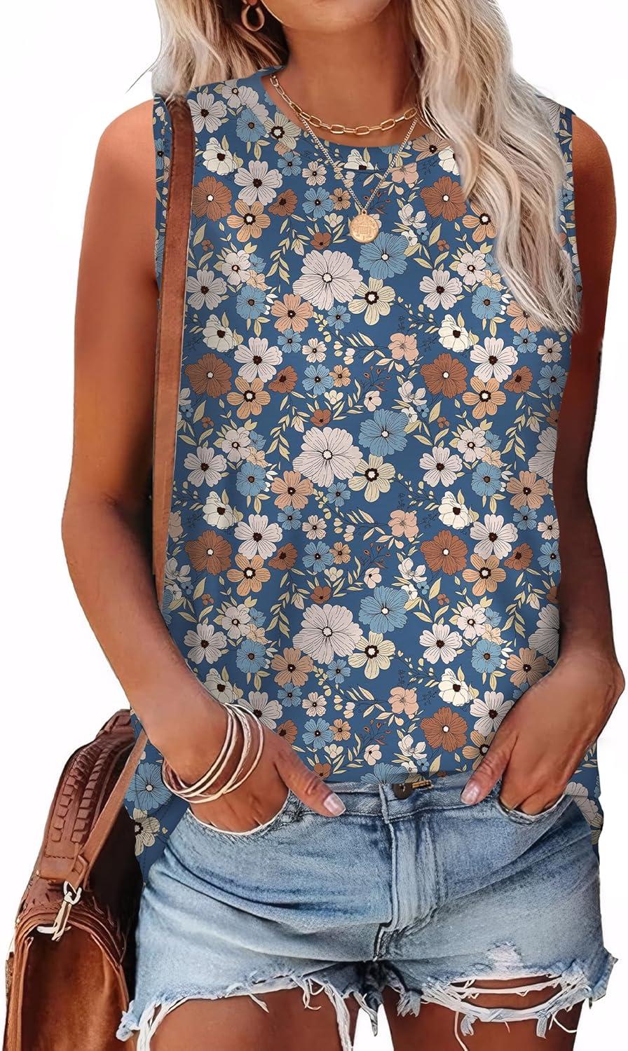 imageSAMPEEL Womens Tank Tops Eyelet Loose Casual Summer Tops Crew Neck Basic Sleeveless Shirts Trendy 2025Printnavy Faloral