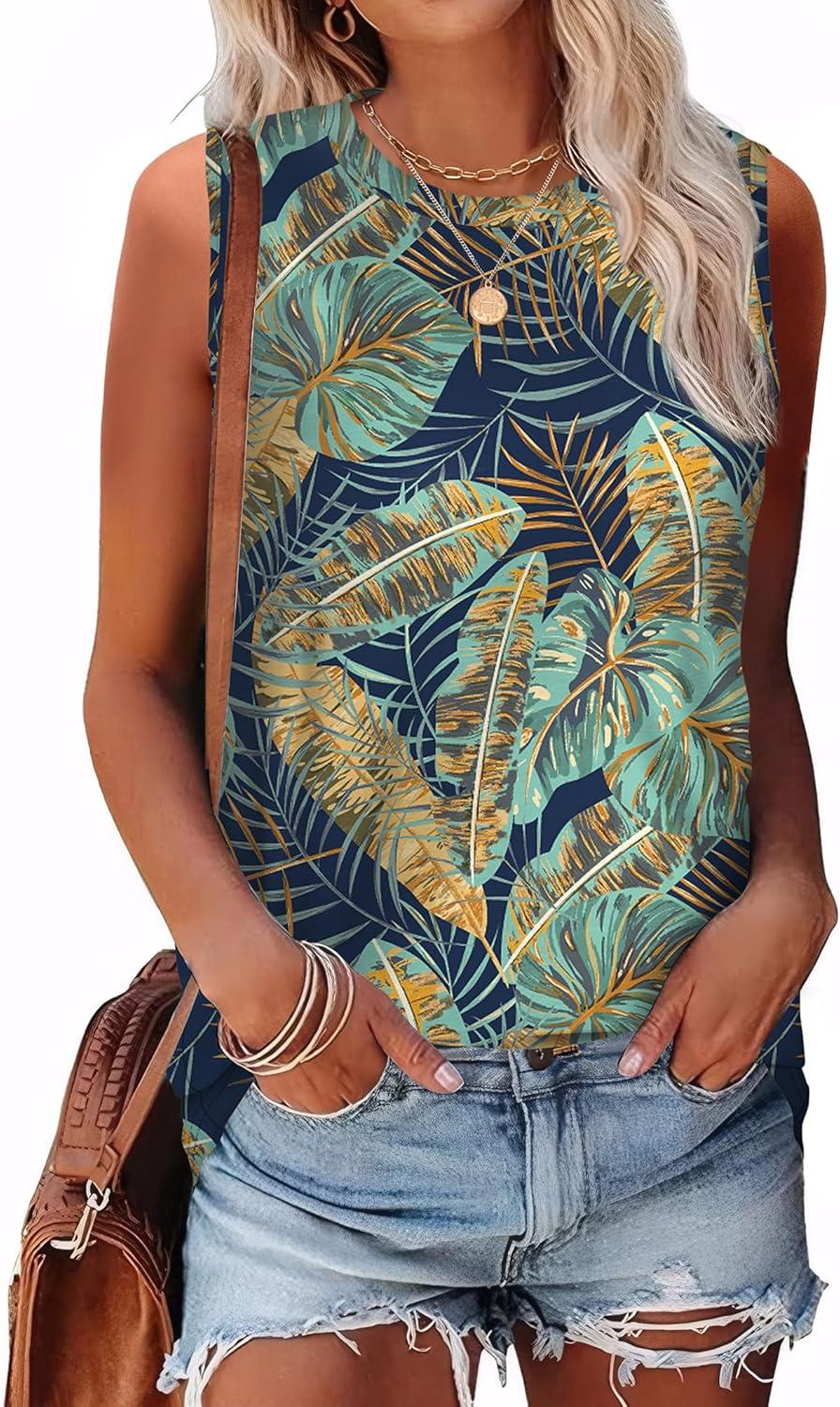 imageSAMPEEL Womens Tank Tops Eyelet Loose Casual Summer Tops Crew Neck Basic Sleeveless Shirts Trendy 2025Printpalm Leaf