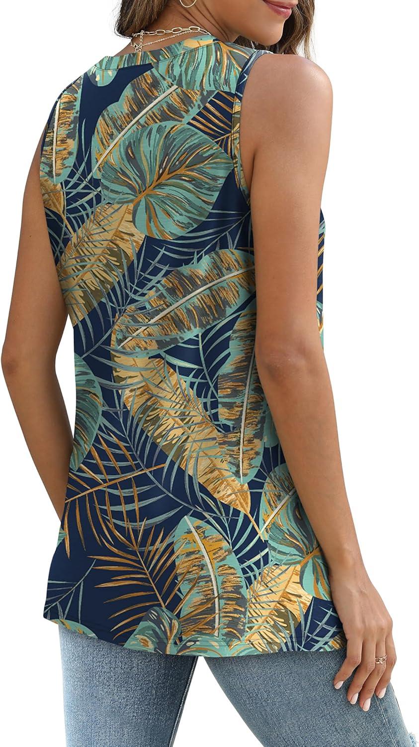 imageSAMPEEL Womens Tank Tops Eyelet Loose Casual Summer Tops Crew Neck Basic Sleeveless Shirts Trendy 2025Printpalm Leaf
