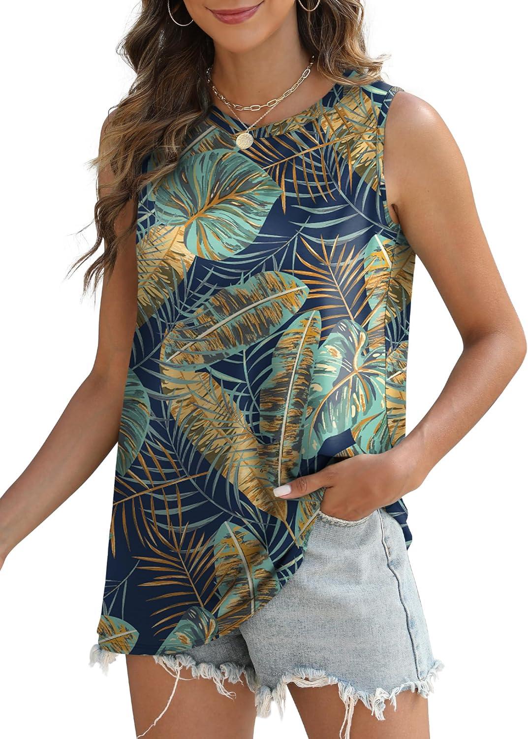 imageSAMPEEL Womens Tank Tops Eyelet Loose Casual Summer Tops Crew Neck Basic Sleeveless Shirts Trendy 2025Printpalm Leaf