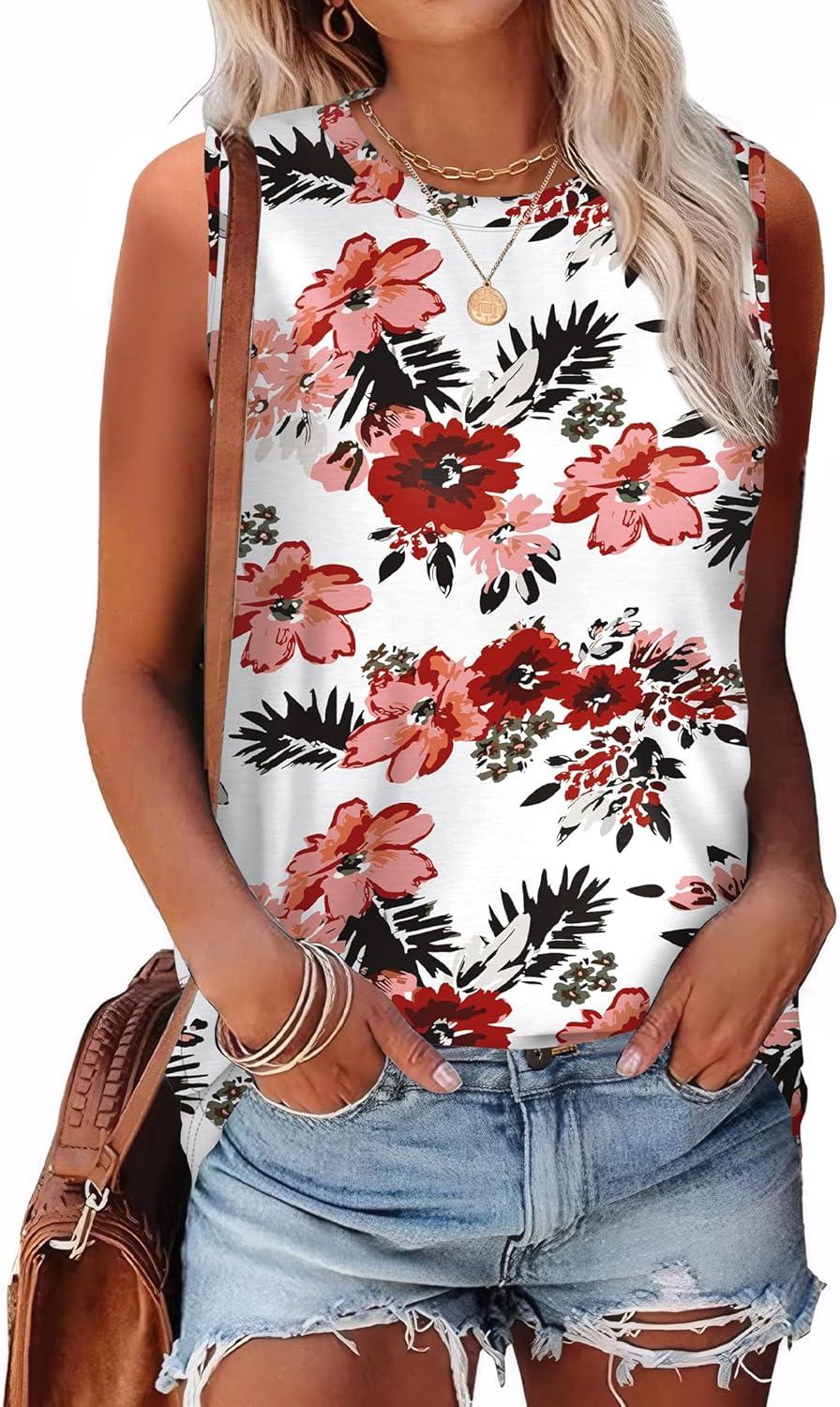 imageSAMPEEL Womens Tank Tops Eyelet Loose Casual Summer Tops Crew Neck Basic Sleeveless Shirts Trendy 2025Printred Flower