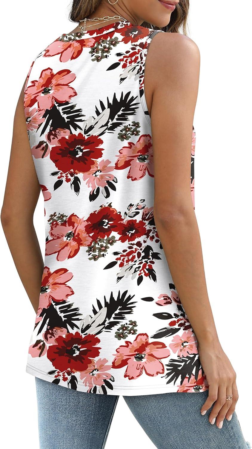 imageSAMPEEL Womens Tank Tops Eyelet Loose Casual Summer Tops Crew Neck Basic Sleeveless Shirts Trendy 2025Printred Flower