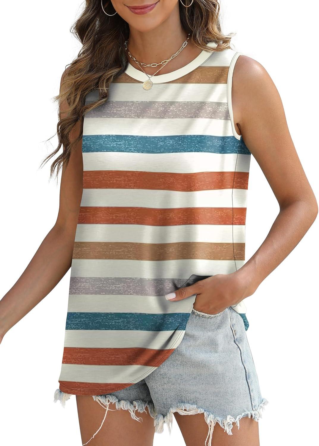 imageSAMPEEL Womens Tank Tops Eyelet Loose Casual Summer Tops Crew Neck Basic Sleeveless Shirts Trendy 2025Printstriped Orange