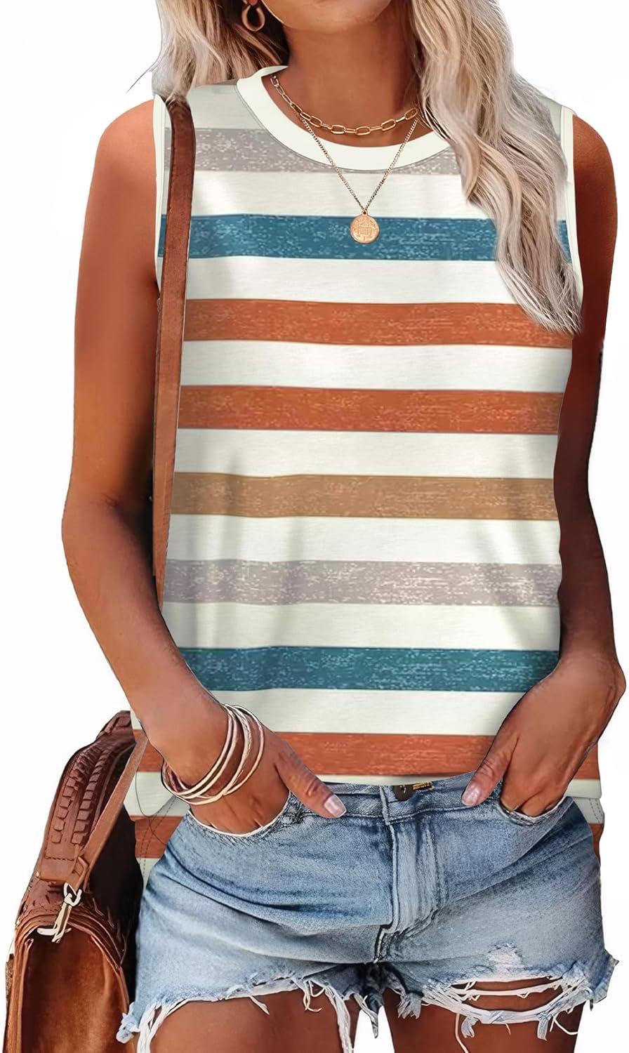 imageSAMPEEL Womens Tank Tops Eyelet Loose Casual Summer Tops Crew Neck Basic Sleeveless Shirts Trendy 2025Printstriped Orange