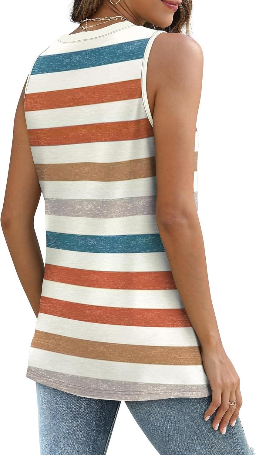 imageSAMPEEL Womens Tank Tops Eyelet Loose Casual Summer Tops Crew Neck Basic Sleeveless Shirts Trendy 2025Printstriped Orange