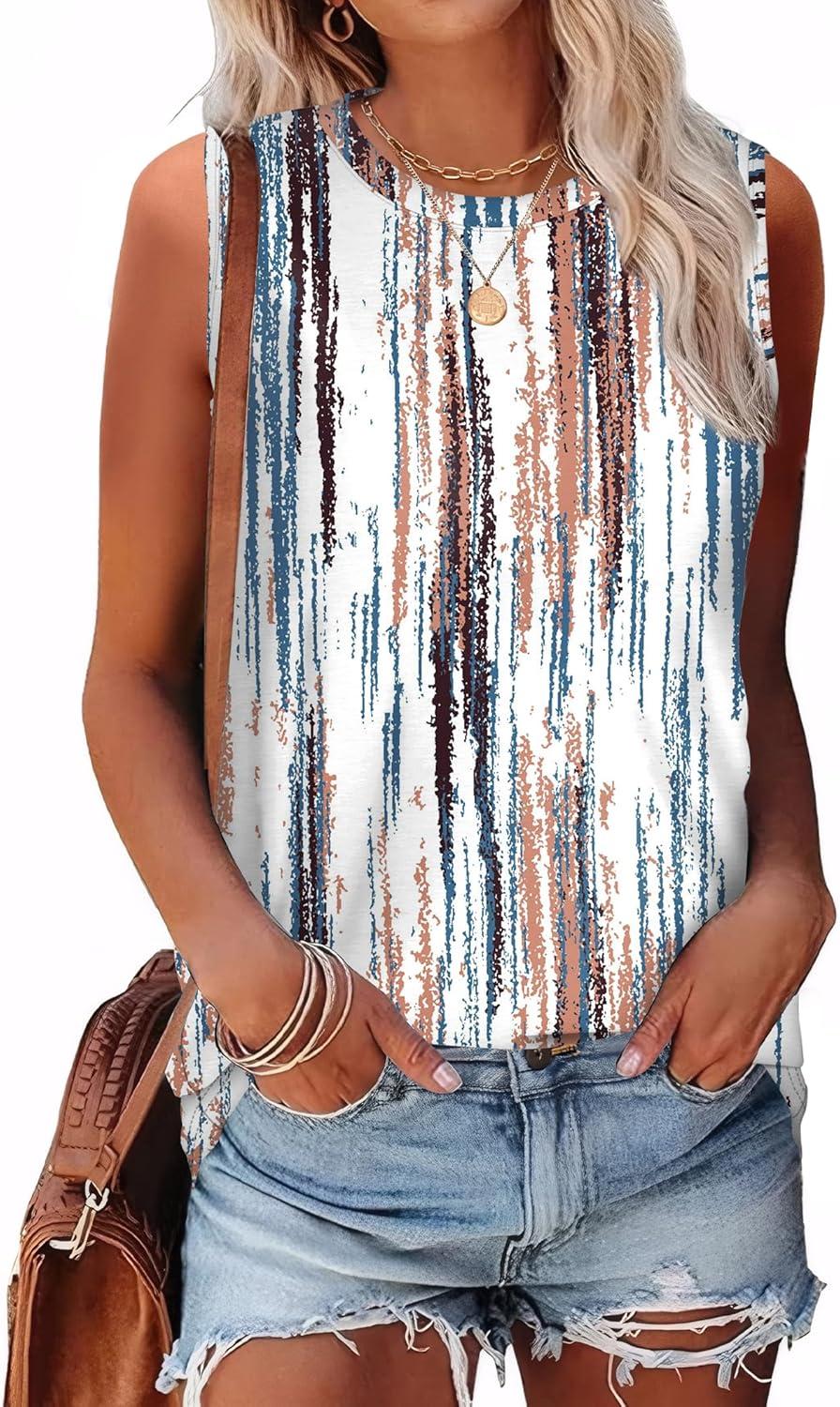 imageSAMPEEL Womens Tank Tops Eyelet Loose Casual Summer Tops Crew Neck Basic Sleeveless Shirts Trendy 2025Printtie Dye Brown