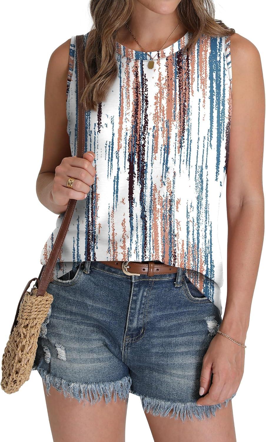 imageSAMPEEL Womens Tank Tops Eyelet Loose Casual Summer Tops Crew Neck Basic Sleeveless Shirts Trendy 2025Printtie Dye Brown