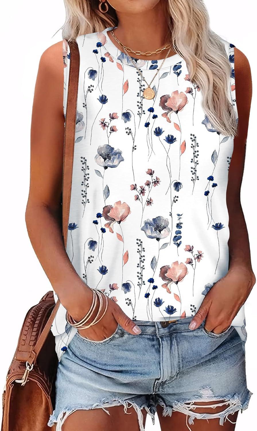imageSAMPEEL Womens Tank Tops Eyelet Loose Casual Summer Tops Crew Neck Basic Sleeveless Shirts Trendy 2025Printwhite Flower