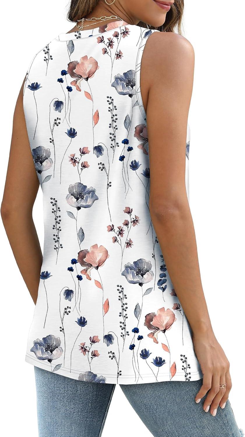 imageSAMPEEL Womens Tank Tops Eyelet Loose Casual Summer Tops Crew Neck Basic Sleeveless Shirts Trendy 2025Printwhite Flower