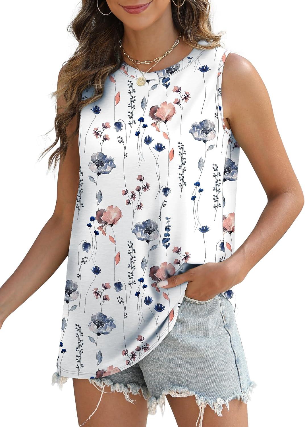 imageSAMPEEL Womens Tank Tops Eyelet Loose Casual Summer Tops Crew Neck Basic Sleeveless Shirts Trendy 2025Printwhite Flower