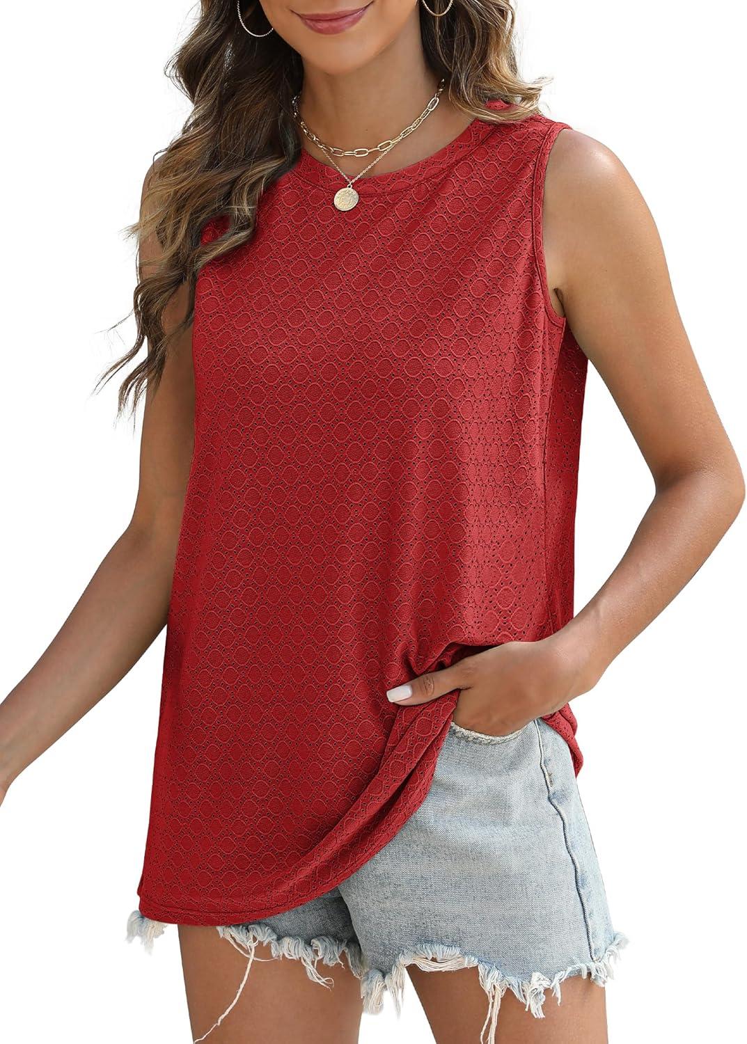 imageSAMPEEL Womens Tank Tops Eyelet Loose Casual Summer Tops Crew Neck Basic Sleeveless Shirts Trendy 2025Red