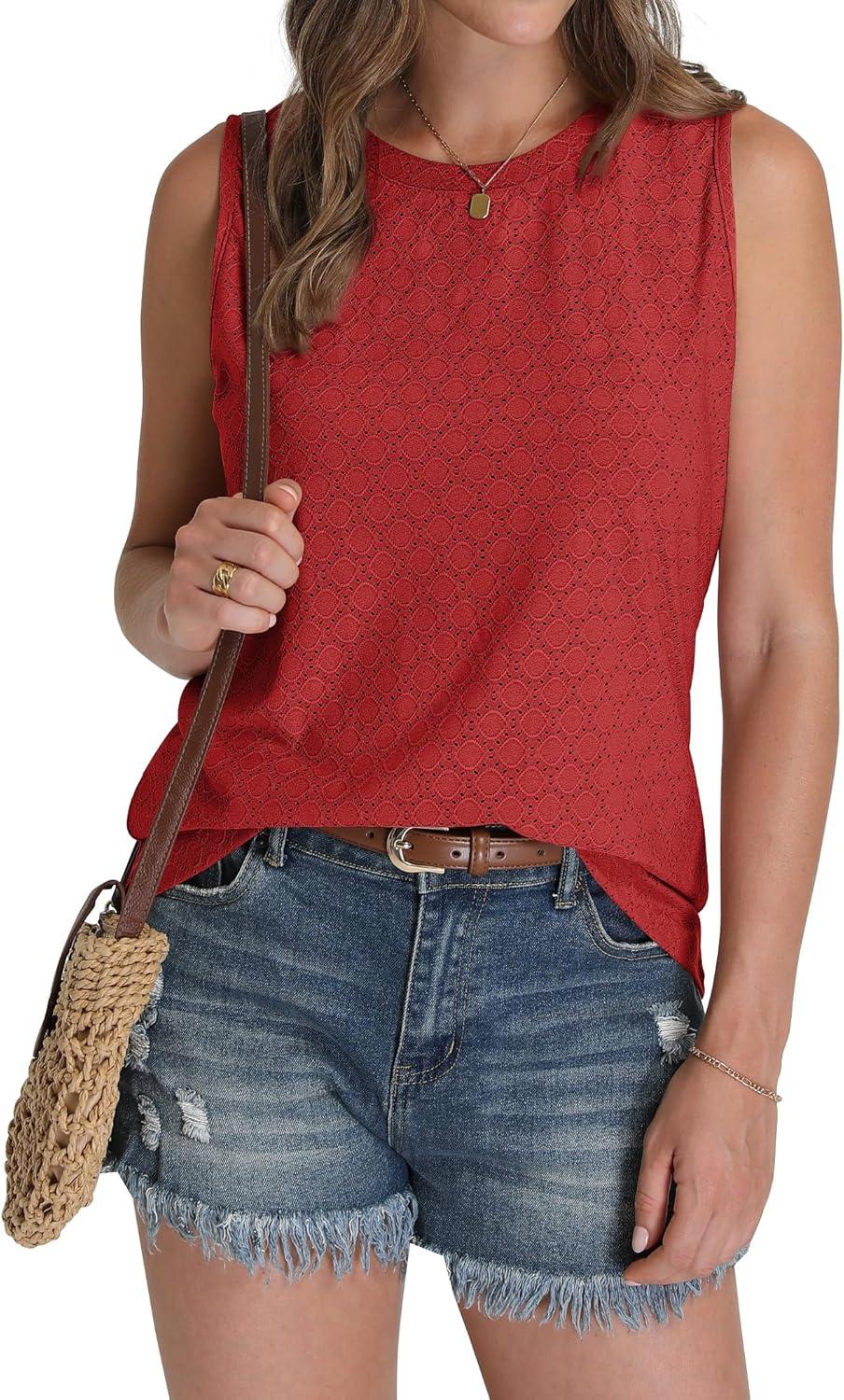 imageSAMPEEL Womens Tank Tops Eyelet Loose Casual Summer Tops Crew Neck Basic Sleeveless Shirts Trendy 2025Red