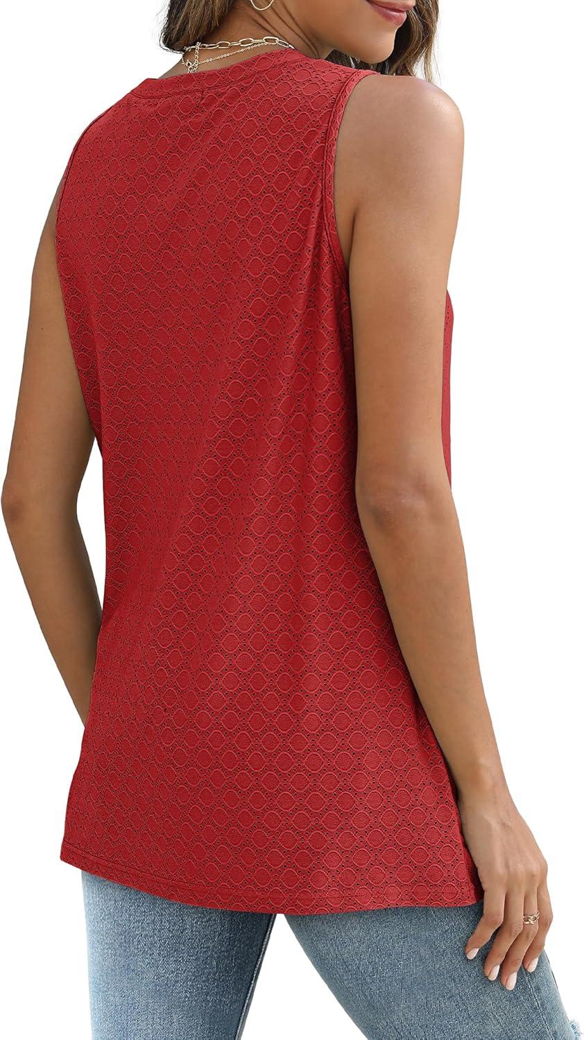 imageSAMPEEL Womens Tank Tops Eyelet Loose Casual Summer Tops Crew Neck Basic Sleeveless Shirts Trendy 2025Red