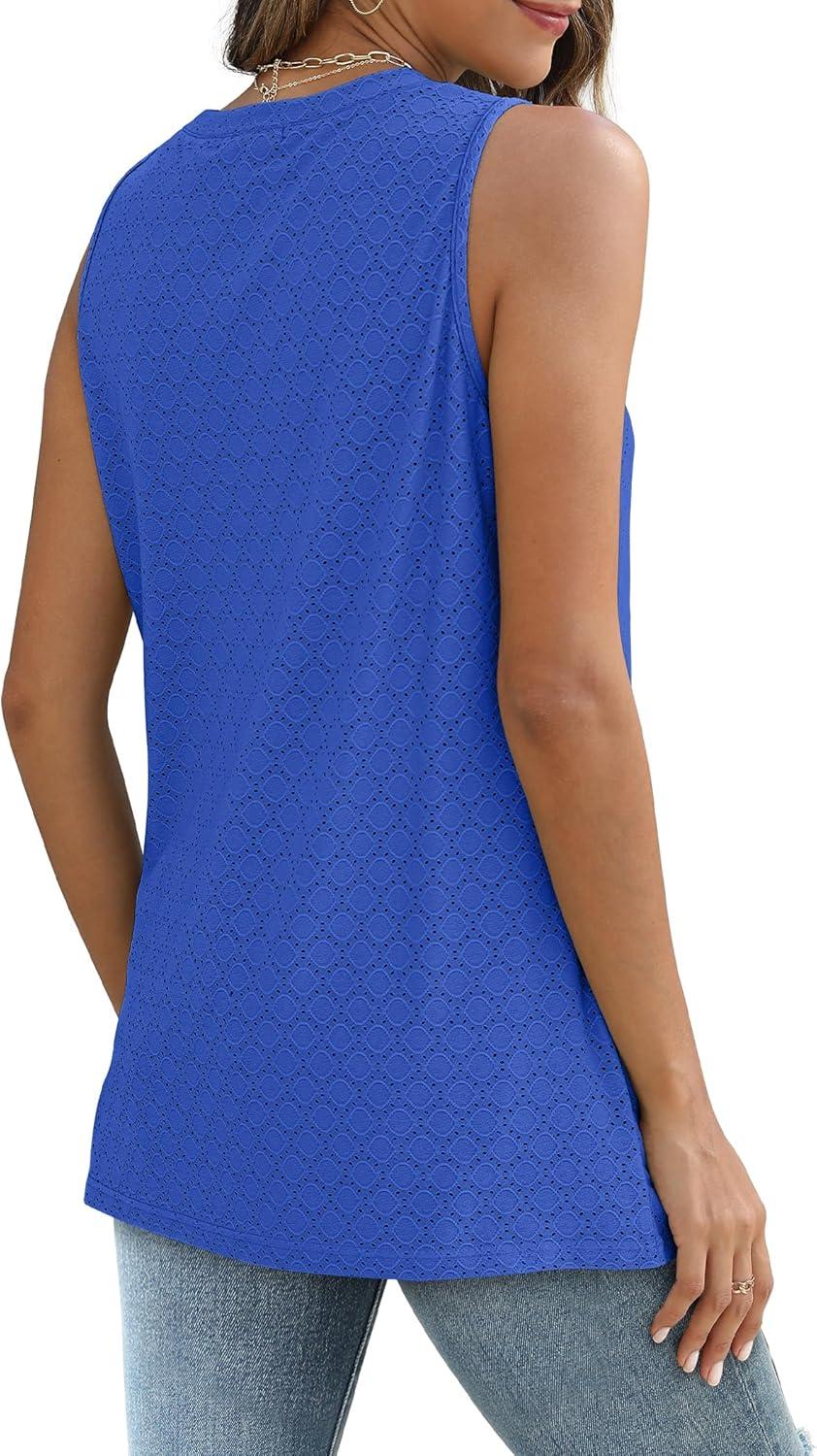 imageSAMPEEL Womens Tank Tops Eyelet Loose Casual Summer Tops Crew Neck Basic Sleeveless Shirts Trendy 2025Royal Blue