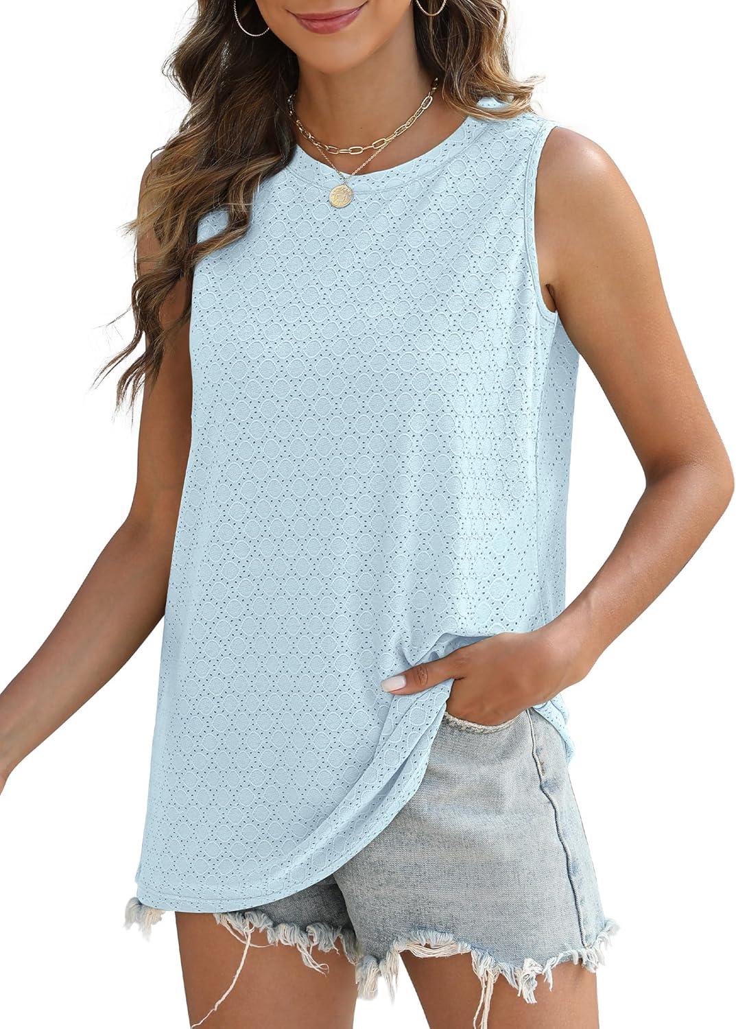 imageSAMPEEL Womens Tank Tops Eyelet Loose Casual Summer Tops Crew Neck Basic Sleeveless Shirts Trendy 2025Sky Blue