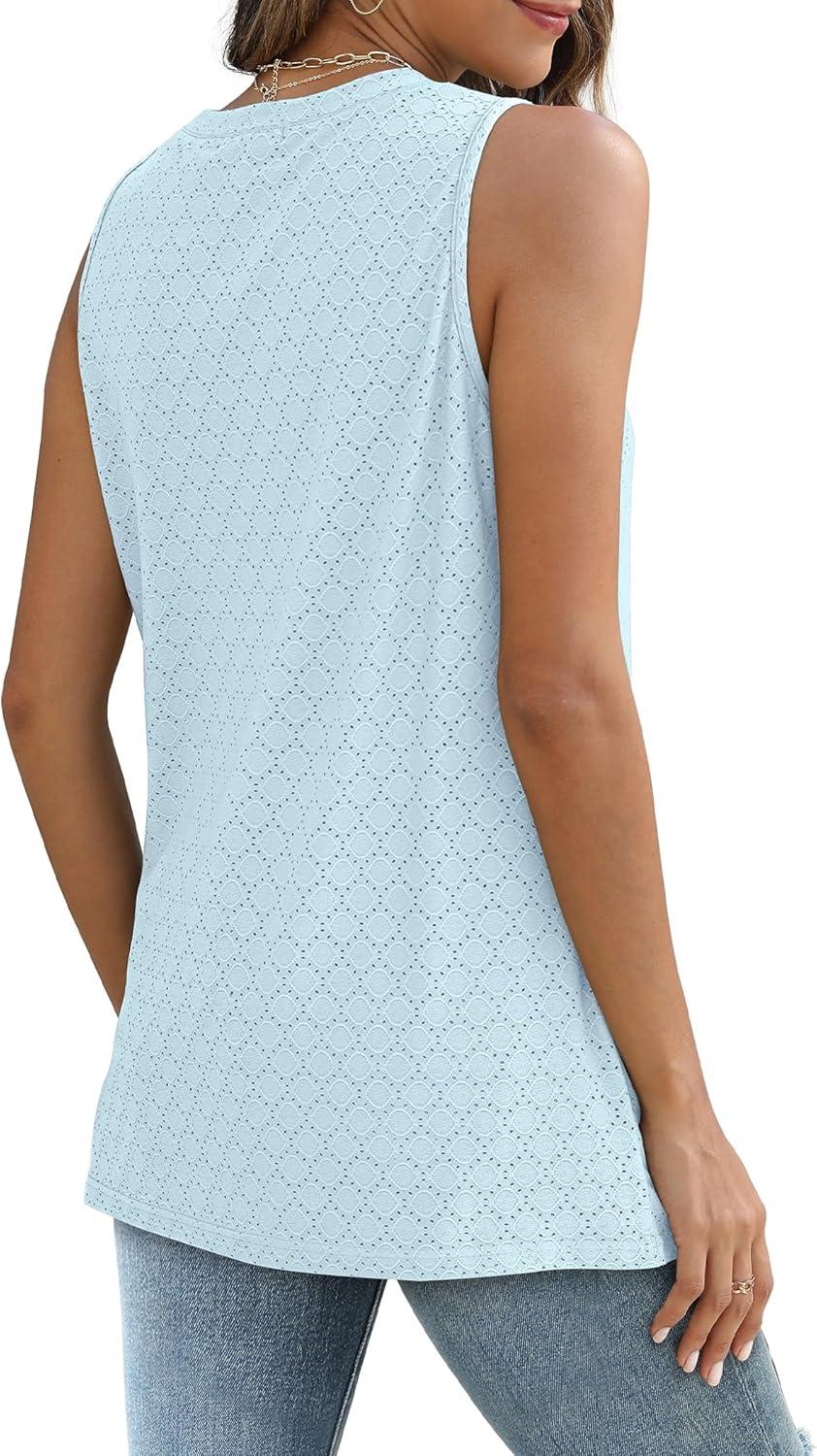 imageSAMPEEL Womens Tank Tops Eyelet Loose Casual Summer Tops Crew Neck Basic Sleeveless Shirts Trendy 2025Sky Blue