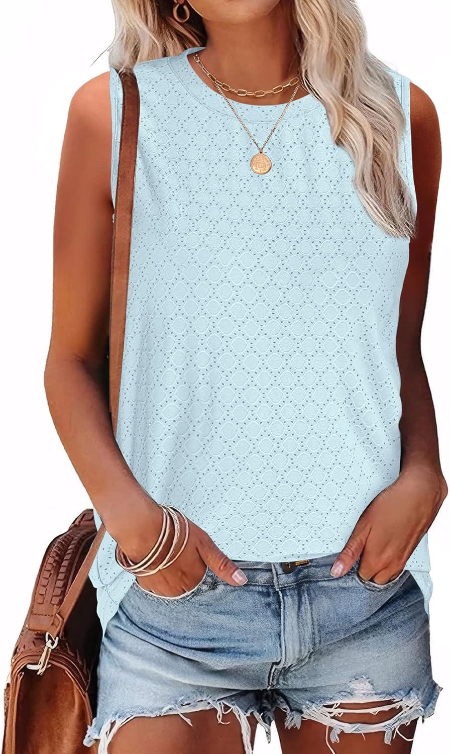 imageSAMPEEL Womens Tank Tops Eyelet Loose Casual Summer Tops Crew Neck Basic Sleeveless Shirts Trendy 2025Sky Blue