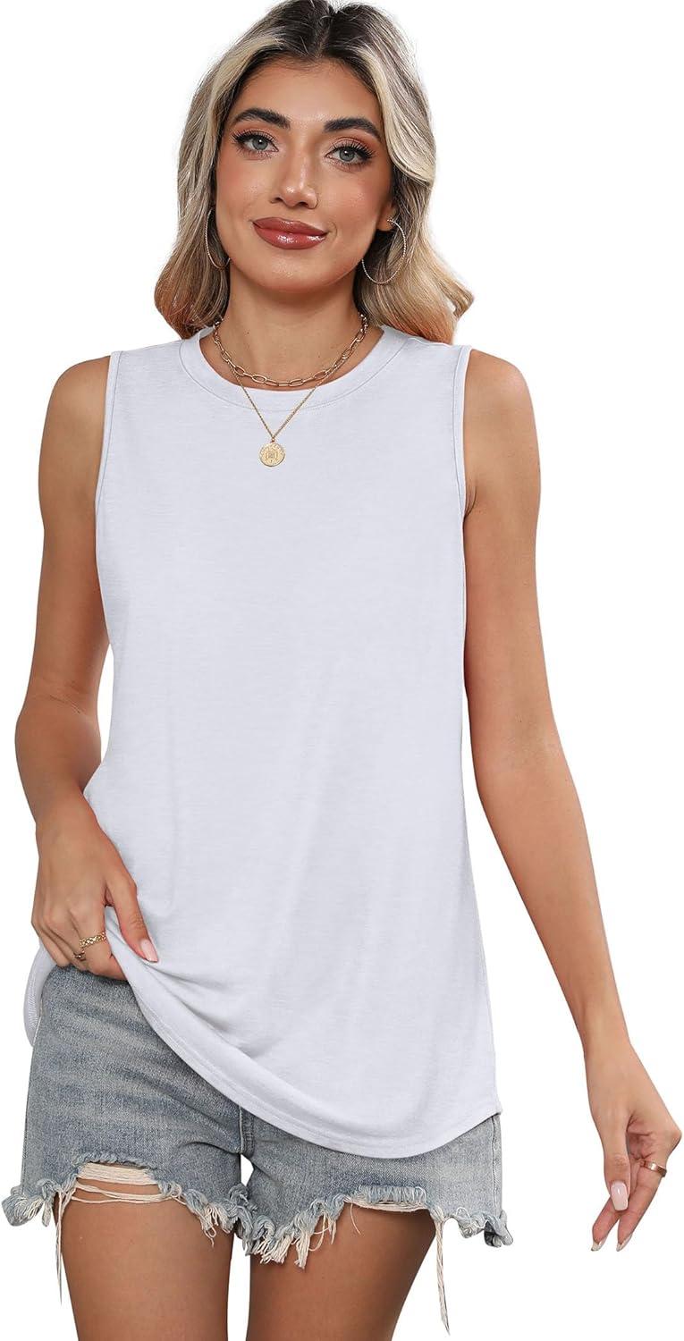 imageSAMPEEL Womens Tank Tops Loose Casual Summer Tops Crew Neck Basic Sleeveless Shirts Trendy 2025Awhite