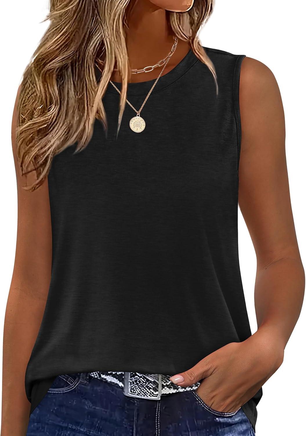 imageSAMPEEL Womens Tank Tops Loose Casual Summer Tops Crew Neck Basic Sleeveless Shirts Trendy 2025Black