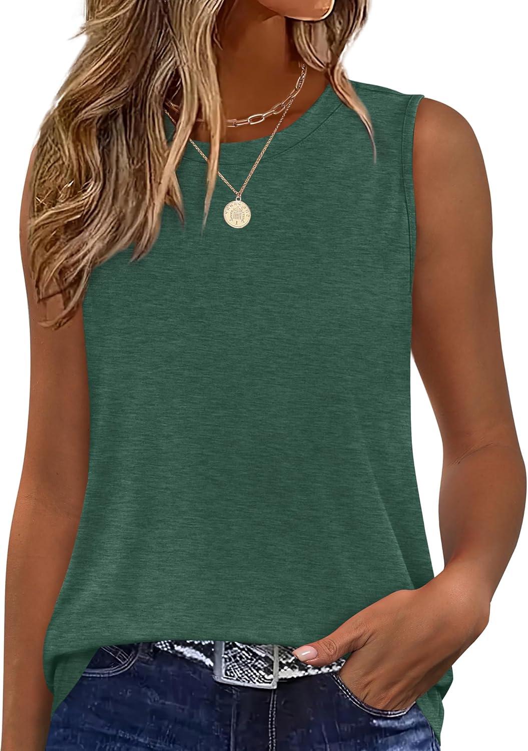 imageSAMPEEL Womens Tank Tops Loose Casual Summer Tops Crew Neck Basic Sleeveless Shirts Trendy 2025Green