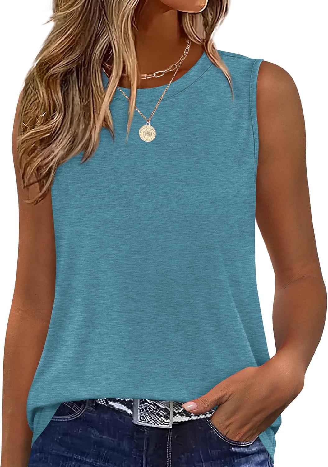 imageSAMPEEL Womens Tank Tops Loose Casual Summer Tops Crew Neck Basic Sleeveless Shirts Trendy 2025Pine Green