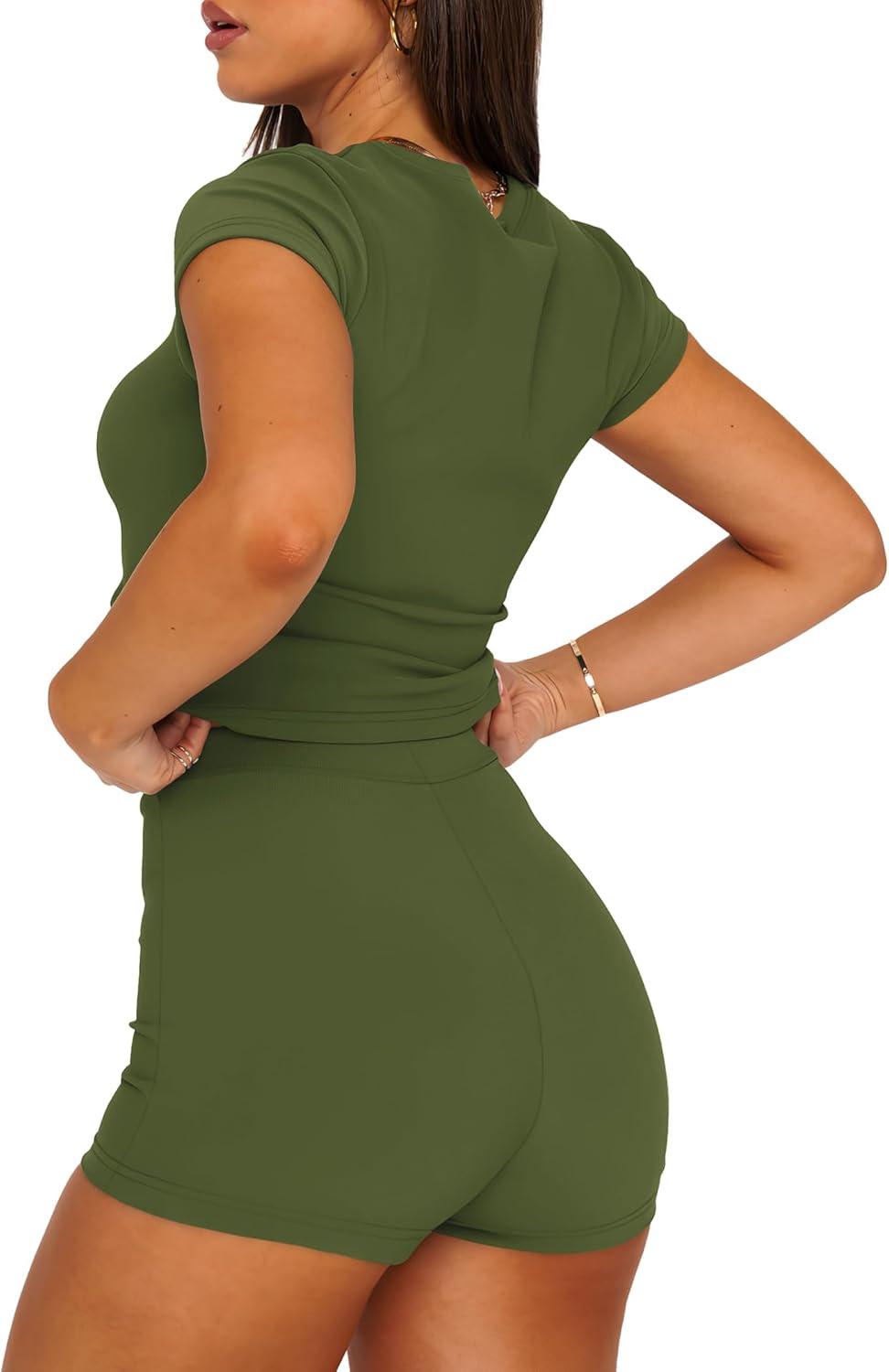 imageSAMPEEL Womens Two Piece Lounge Sets Casual Summer Outfits 2 Piece Short Matching Clothing SetGreen