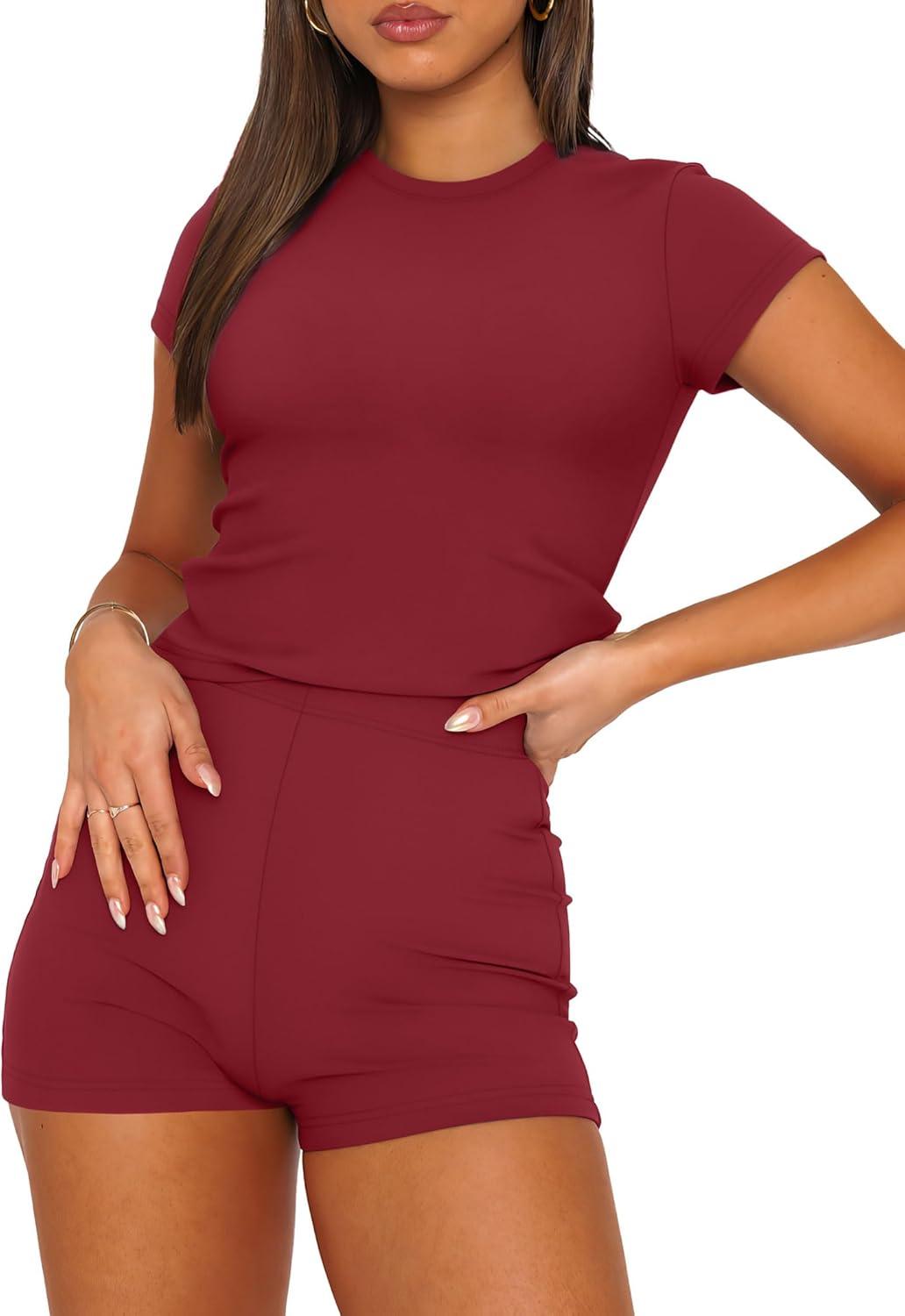 imageSAMPEEL Womens Two Piece Lounge Sets Casual Summer Outfits 2 Piece Short Matching Clothing SetWine Red