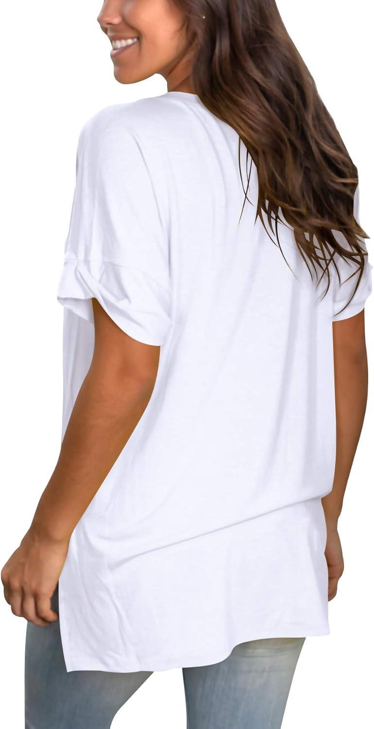 imageSAMPEEL Womens V Neck T Shirts Casual Rolled Short Sleeve Side Split Summer Tops Loose Fit01white