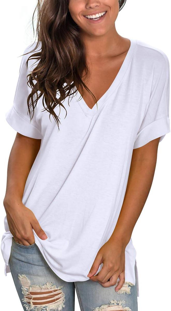 imageSAMPEEL Womens V Neck T Shirts Casual Rolled Short Sleeve Side Split Summer Tops Loose Fit01white