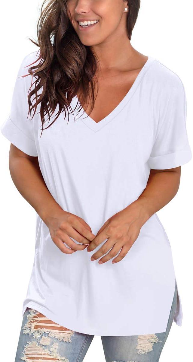 imageSAMPEEL Womens V Neck T Shirts Casual Rolled Short Sleeve Side Split Summer Tops Loose Fit01white
