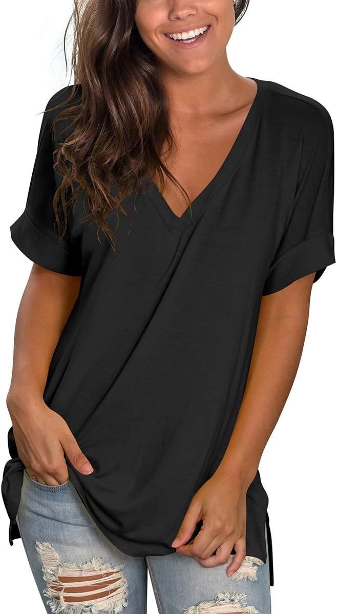 imageSAMPEEL Womens V Neck T Shirts Casual Rolled Short Sleeve Side Split Summer Tops Loose Fit02black