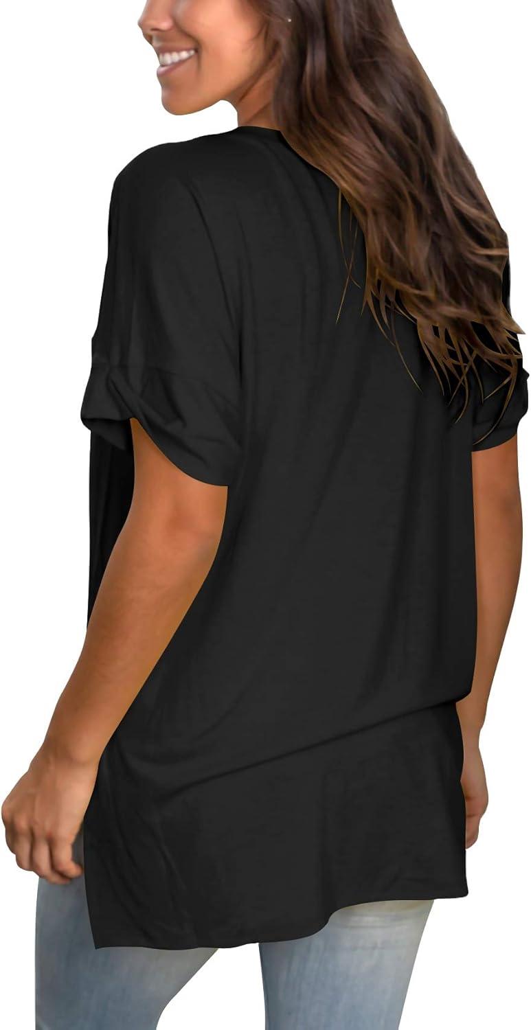 imageSAMPEEL Womens V Neck T Shirts Casual Rolled Short Sleeve Side Split Summer Tops Loose Fit02black