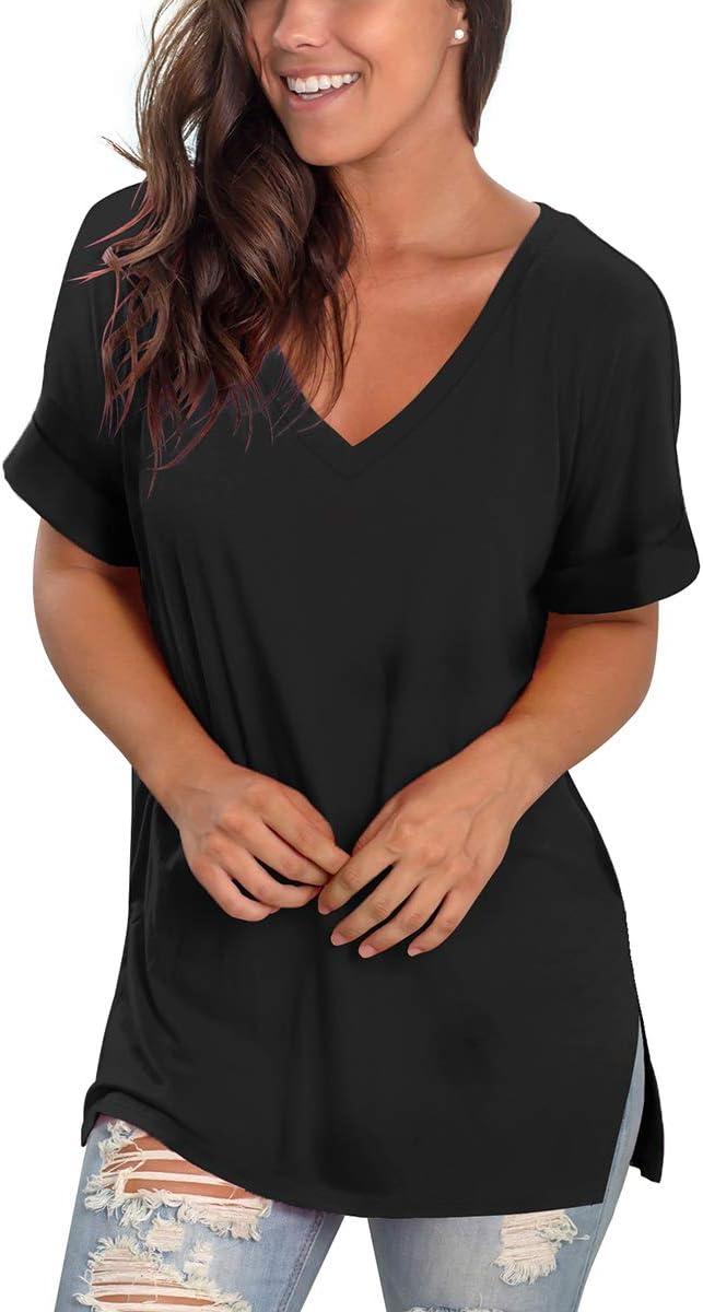 imageSAMPEEL Womens V Neck T Shirts Casual Rolled Short Sleeve Side Split Summer Tops Loose Fit02black