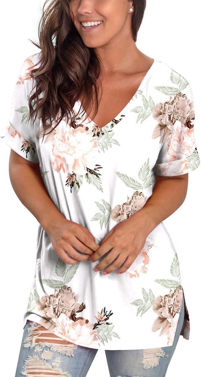 imageSAMPEEL Womens V Neck T Shirts Casual Rolled Short Sleeve Side Split Summer Tops Loose Fit25pink Rose F