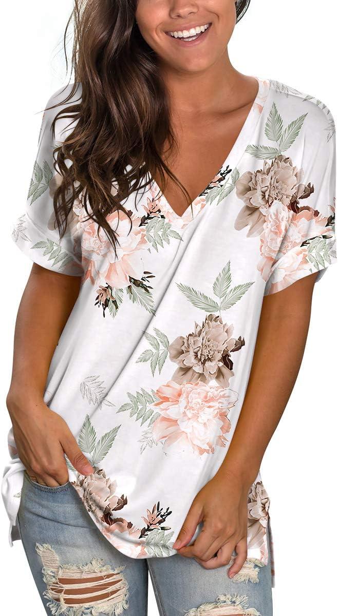 imageSAMPEEL Womens V Neck T Shirts Casual Rolled Short Sleeve Side Split Summer Tops Loose Fit25pink Rose F