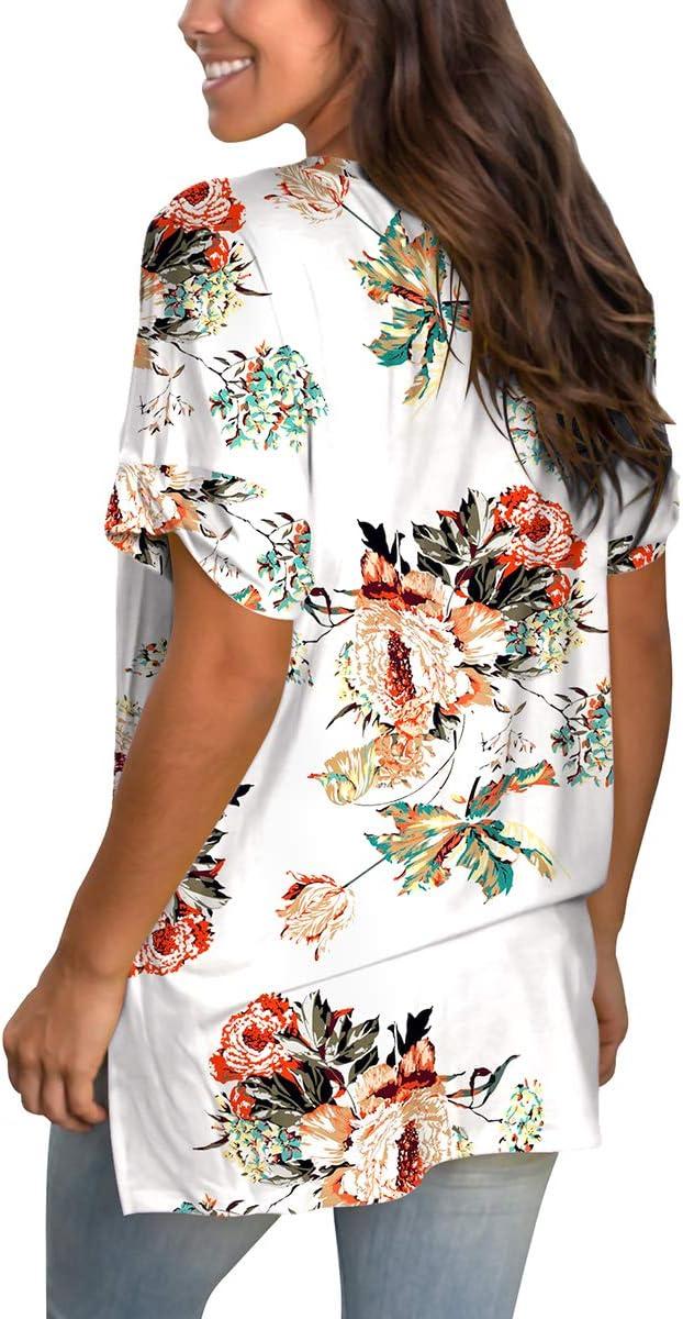 imageSAMPEEL Womens V Neck T Shirts Casual Rolled Short Sleeve Side Split Summer Tops Loose Fit26whitepeony