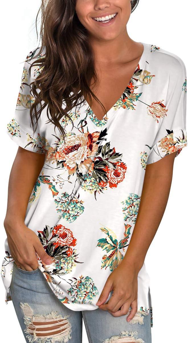 imageSAMPEEL Womens V Neck T Shirts Casual Rolled Short Sleeve Side Split Summer Tops Loose Fit26whitepeony