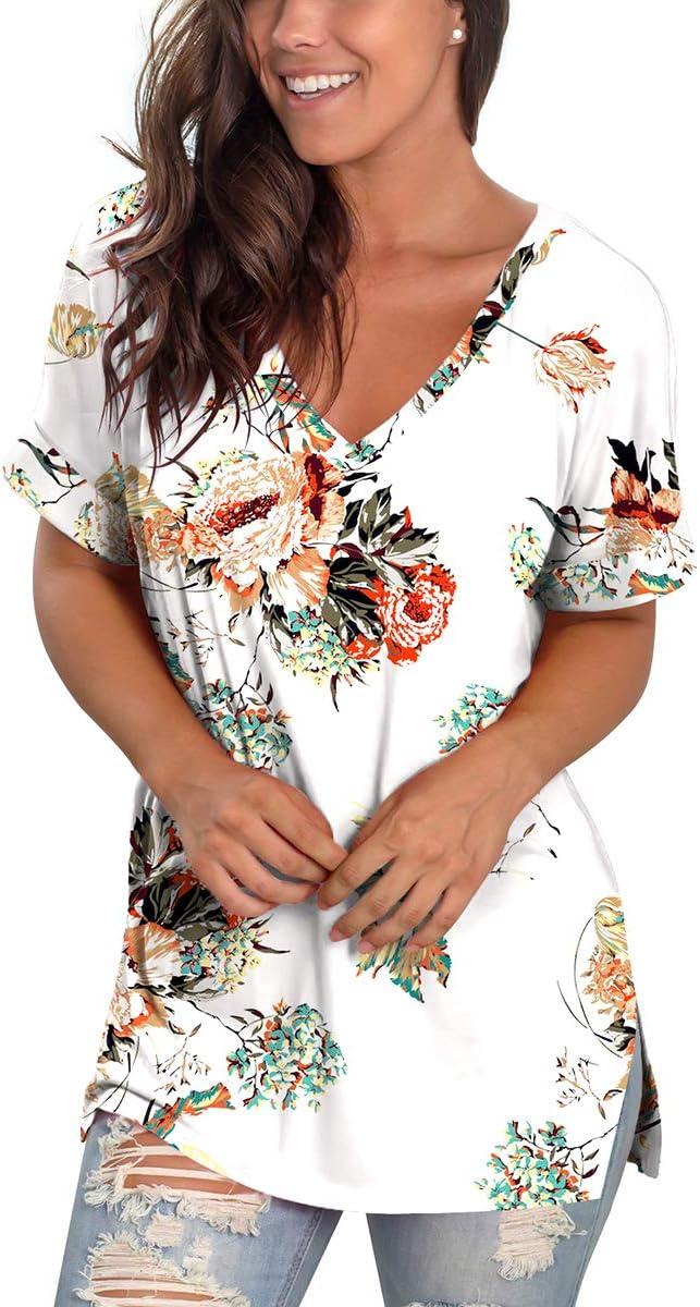 imageSAMPEEL Womens V Neck T Shirts Casual Rolled Short Sleeve Side Split Summer Tops Loose Fit26whitepeony