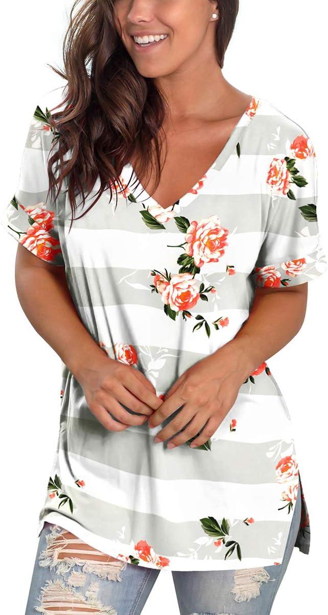 imageSAMPEEL Womens V Neck T Shirts Casual Rolled Short Sleeve Side Split Summer Tops Loose Fit28greystripe
