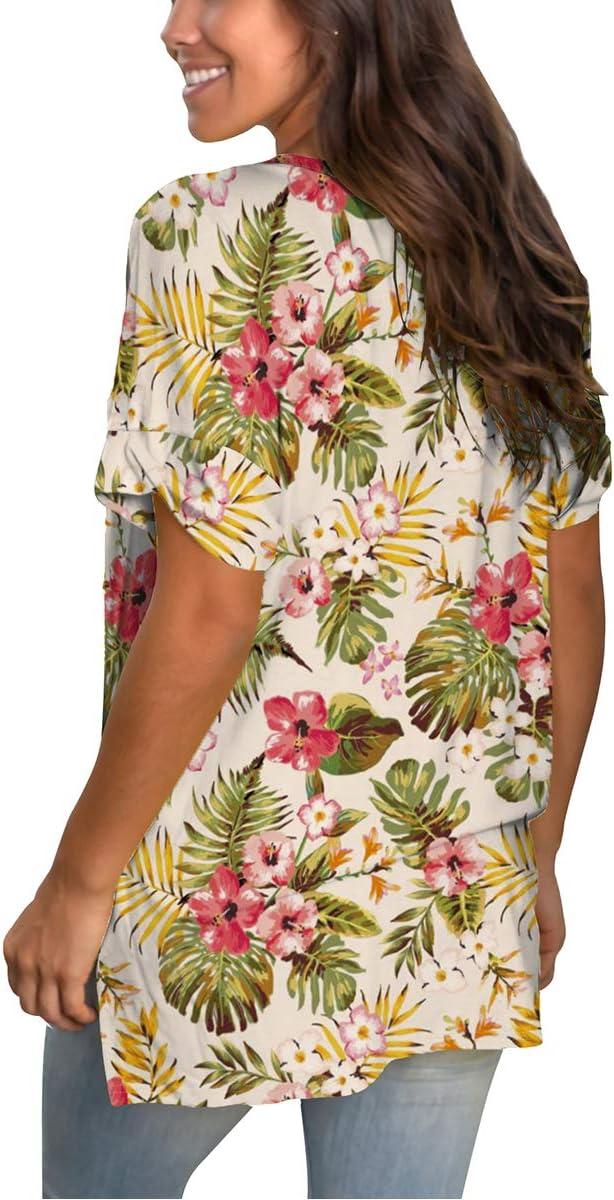 imageSAMPEEL Womens V Neck T Shirts Casual Rolled Short Sleeve Side Split Summer Tops Loose Fit29tropicalprint