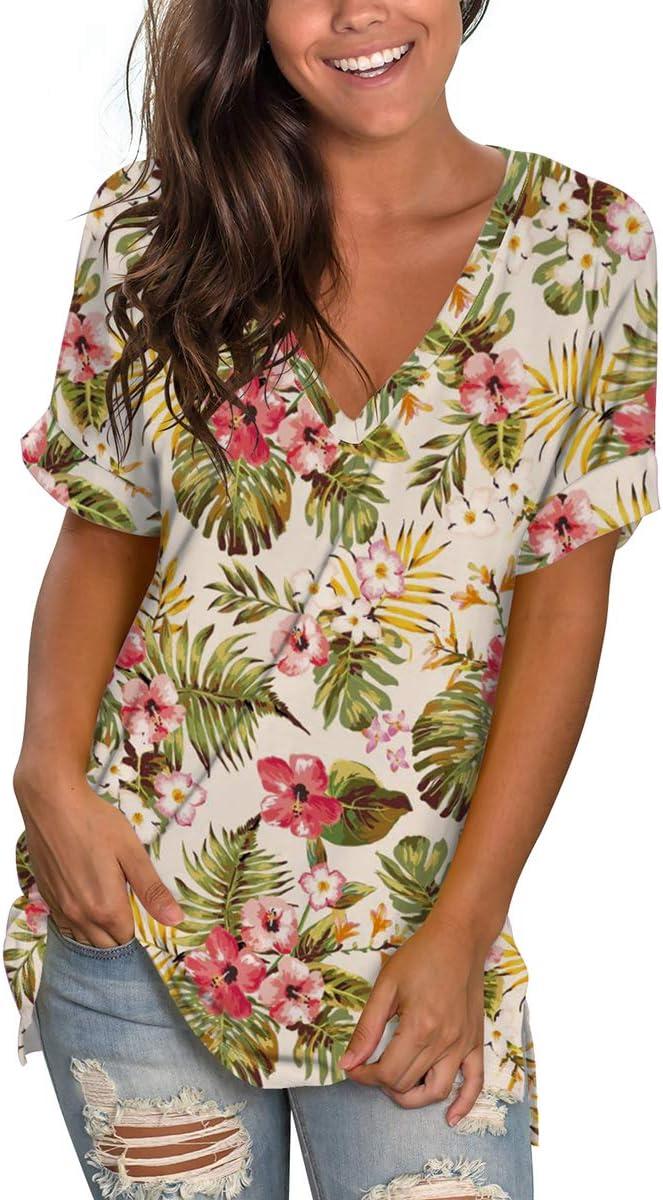 imageSAMPEEL Womens V Neck T Shirts Casual Rolled Short Sleeve Side Split Summer Tops Loose Fit29tropicalprint
